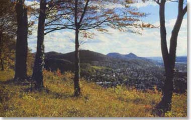 Blick von der Rabenley auf Kulisse des Siebengebirges